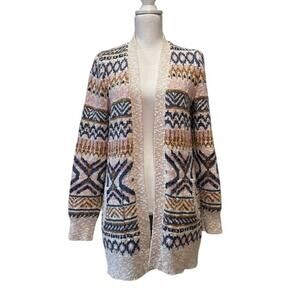 L.L. Bean Fair Isle Open Front Cardigan Sweater Cotton Medium Boho Nordic Cozy